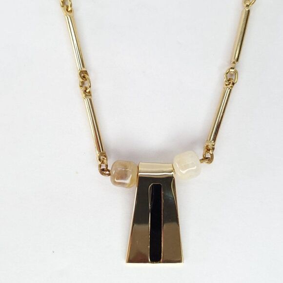 Vintage NEW 80s Retro Black Stripe Geometric Pendant Link Necklace Gold Tone - Picture 2 of 4